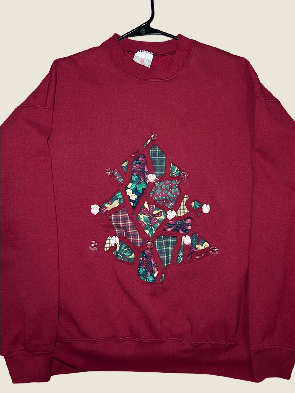 Fruit of the Loom Women’s Burgundy Crewneck Sweatshirt with Patchwork Tree